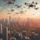Diverse drones flying above a high-tech city