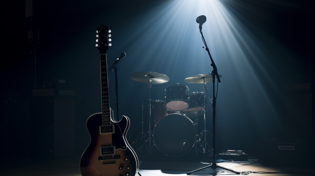 Spotlight on a guitar on a dormant stage, symbolizing anticipated comeback